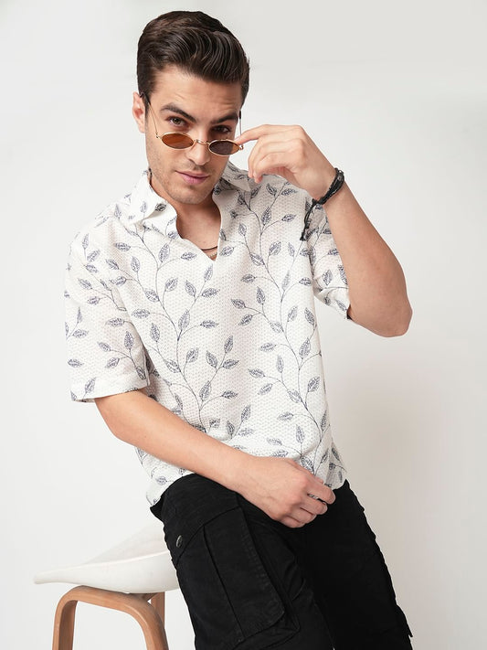 White Leaf Embroidered Crochet Oversized Polo Shirt