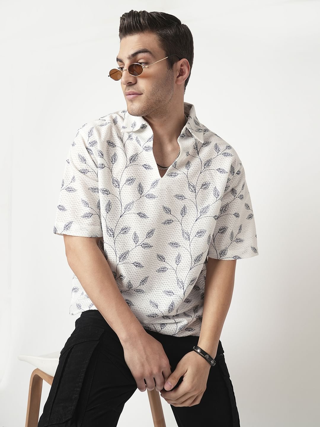 White Leaf Embroidered Crochet Oversized Polo Shirt