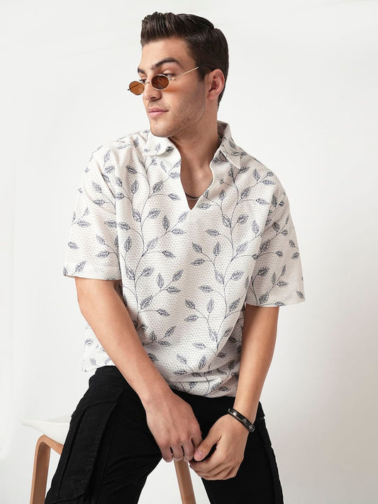 White Leaf Embroidered Crochet Oversized Polo Shirt