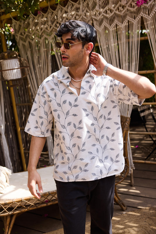 White Leaf Embroidered Crochet Oversized Polo Shirt