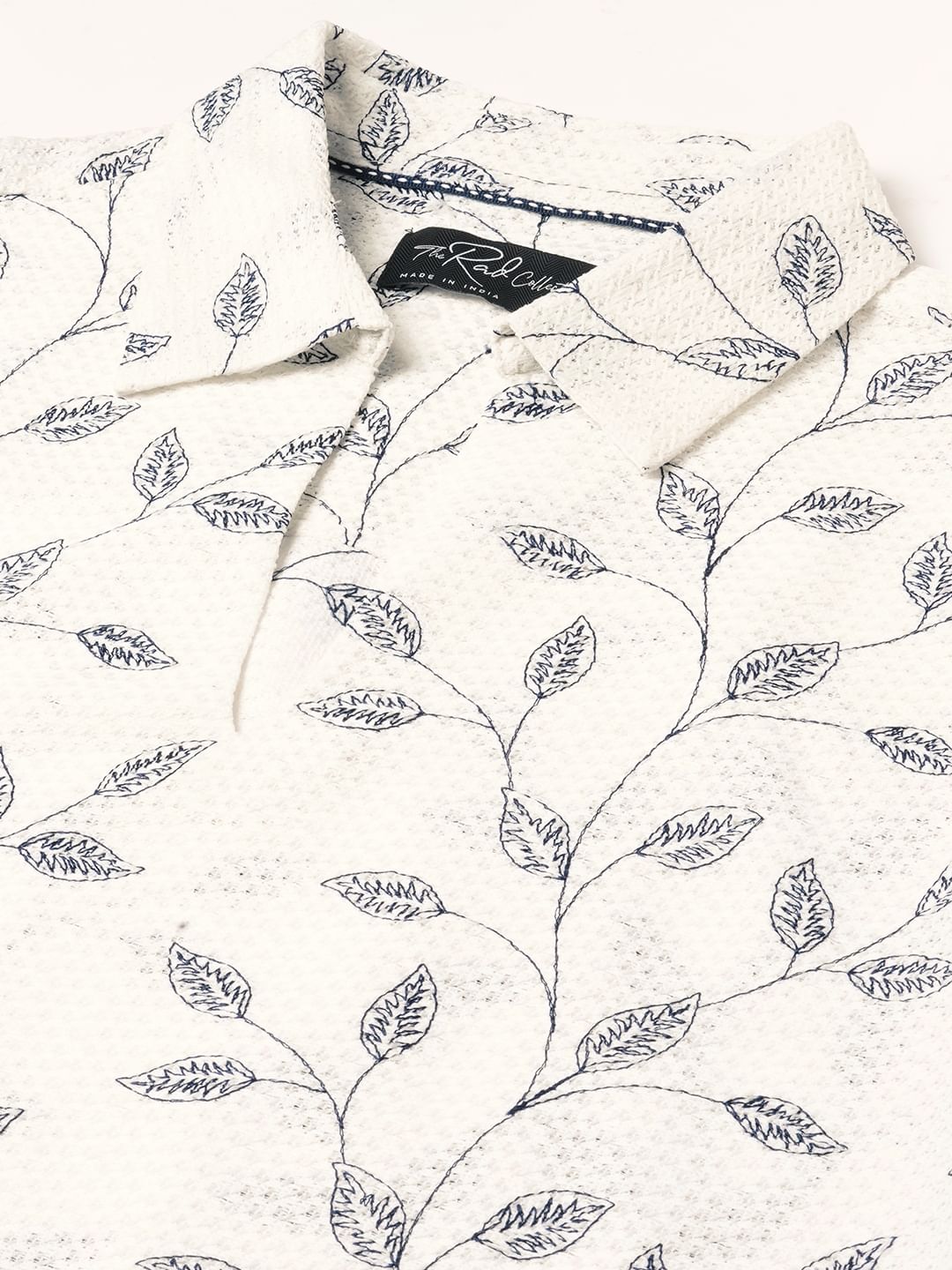 White Leaf Embroidered Crochet Oversized Polo Shirt