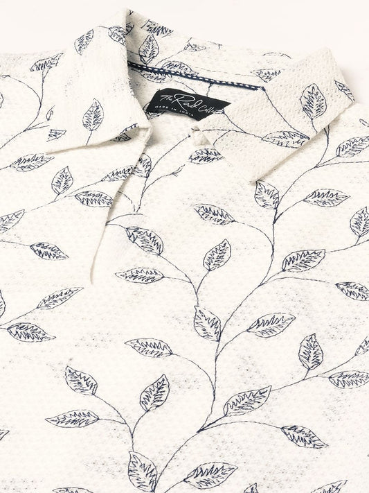 White Leaf Embroidered Crochet Oversized Polo Shirt