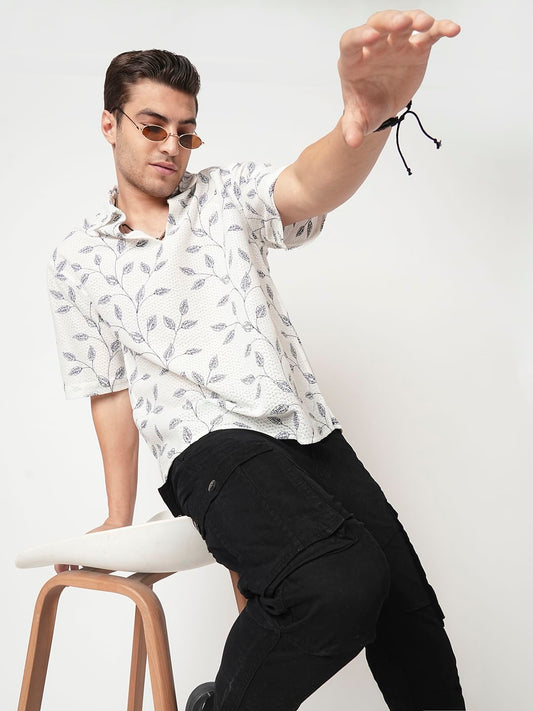White Leaf Embroidered Crochet Oversized Polo Shirt