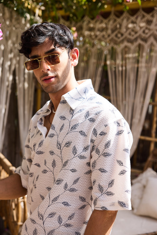 White Leaf Embroidered Crochet Oversized Polo Shirt