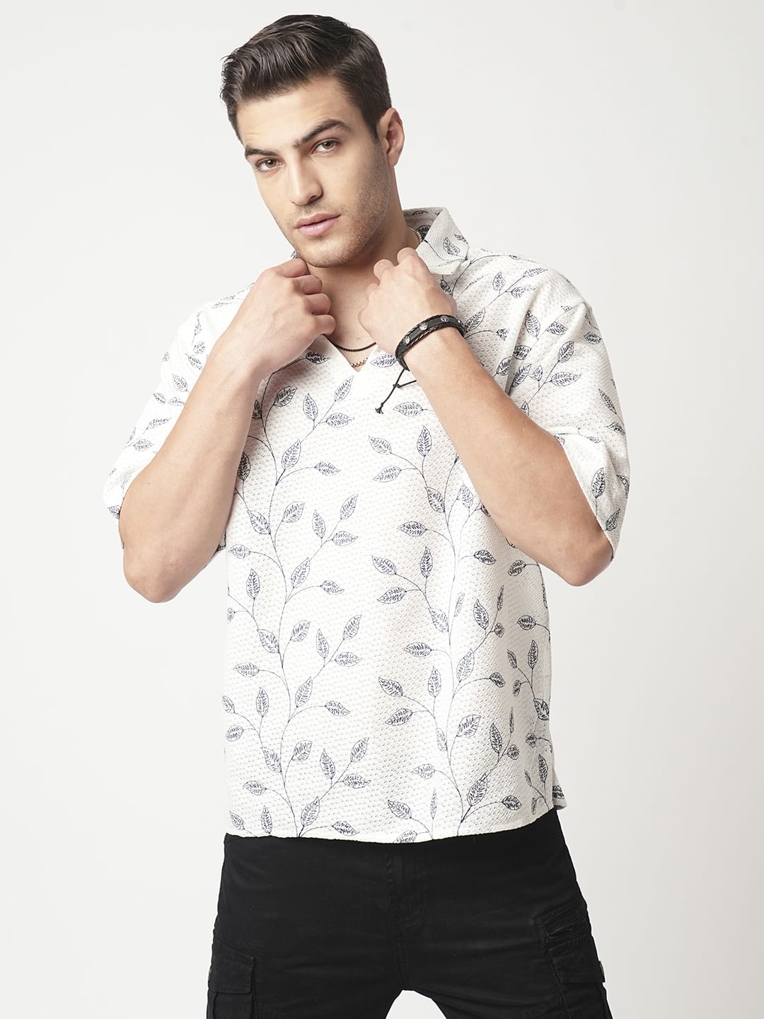 White Leaf Embroidered Crochet Oversized Polo Shirt