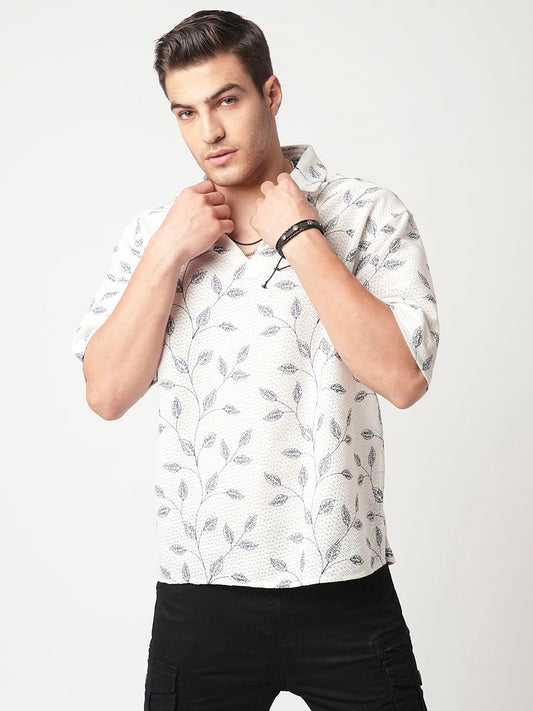 White Leaf Embroidered Crochet Oversized Polo Shirt
