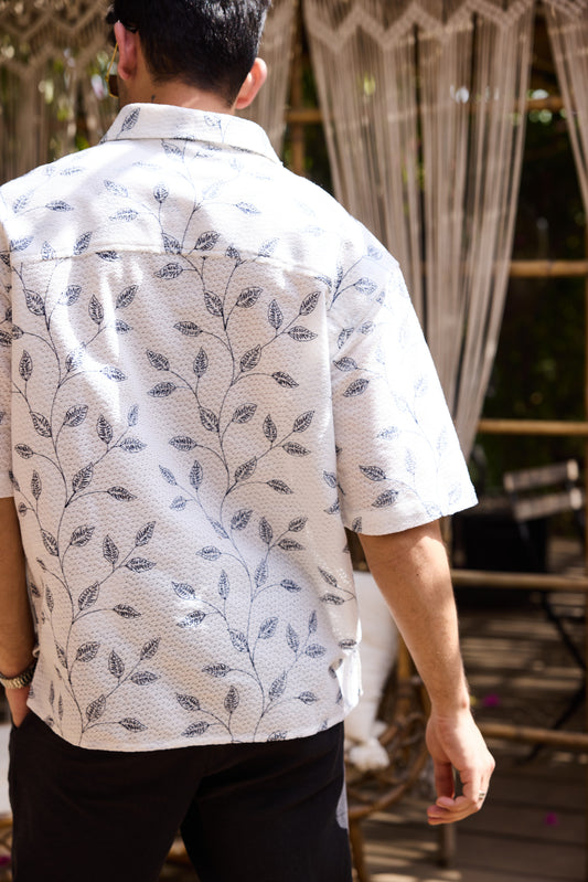 White Leaf Embroidered Crochet Oversized Polo Shirt