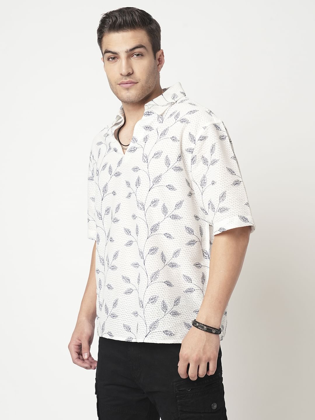 White Leaf Embroidered Crochet Oversized Polo Shirt
