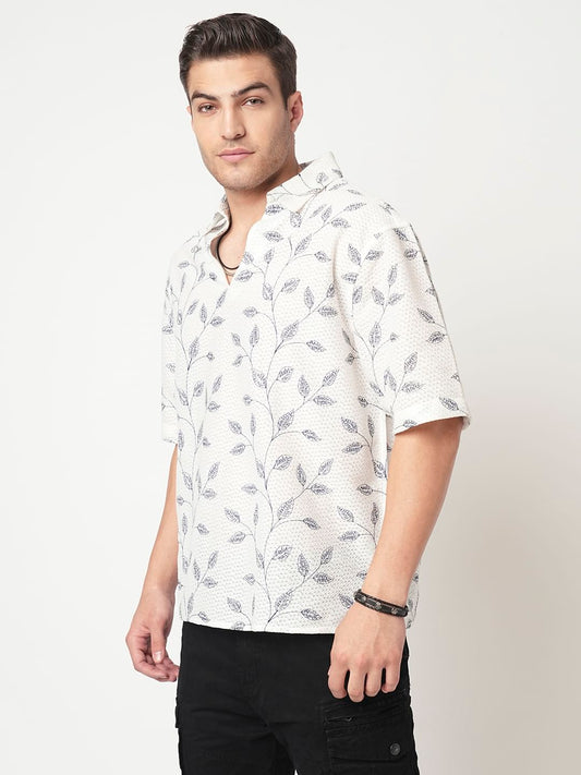 White Leaf Embroidered Crochet Oversized Polo Shirt