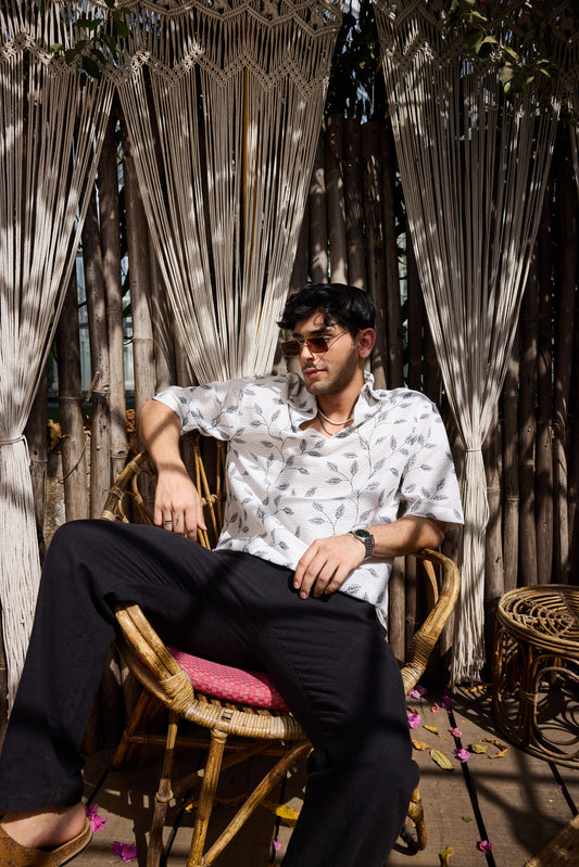 White Leaf Embroidered Crochet Oversized Polo Shirt