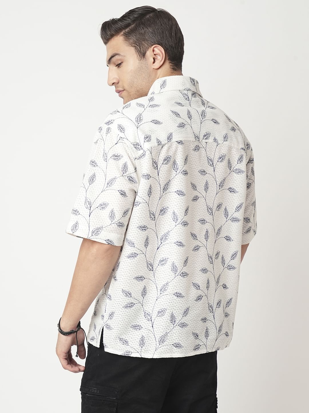 White Leaf Embroidered Crochet Oversized Polo Shirt