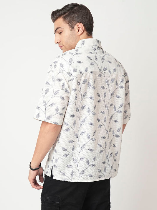 White Leaf Embroidered Crochet Oversized Polo Shirt