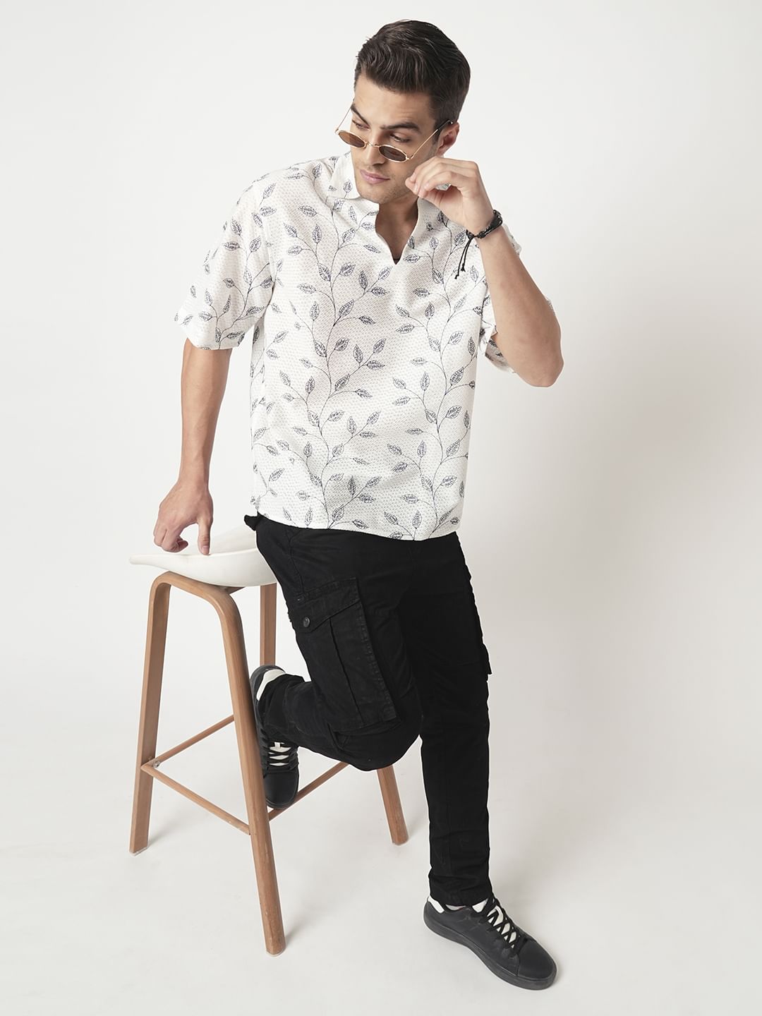 White Leaf Embroidered Crochet Oversized Polo Shirt