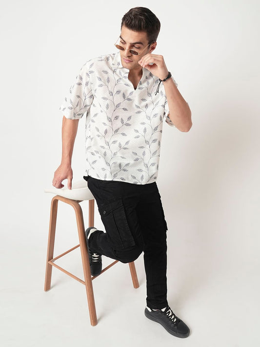 White Leaf Embroidered Crochet Oversized Polo Shirt