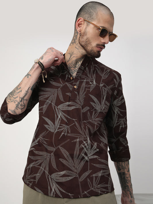 Walnut Brown Dotted Leaf Printed Kurta