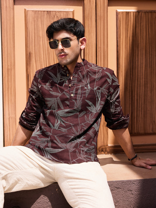 Walnut Brown Dotted Leaf Printed Kurta