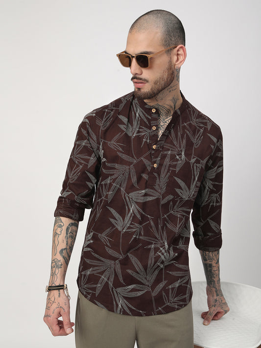 Walnut Brown Dotted Leaf Printed Kurta