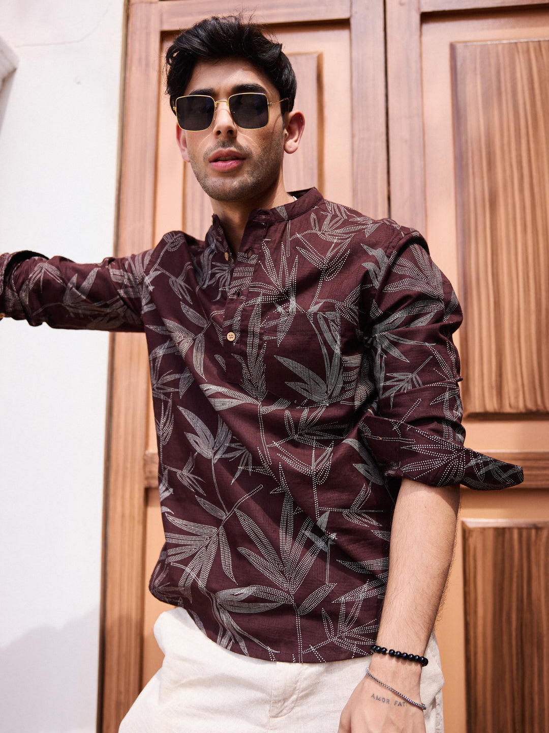 Walnut Brown Dotted Leaf Printed Kurta