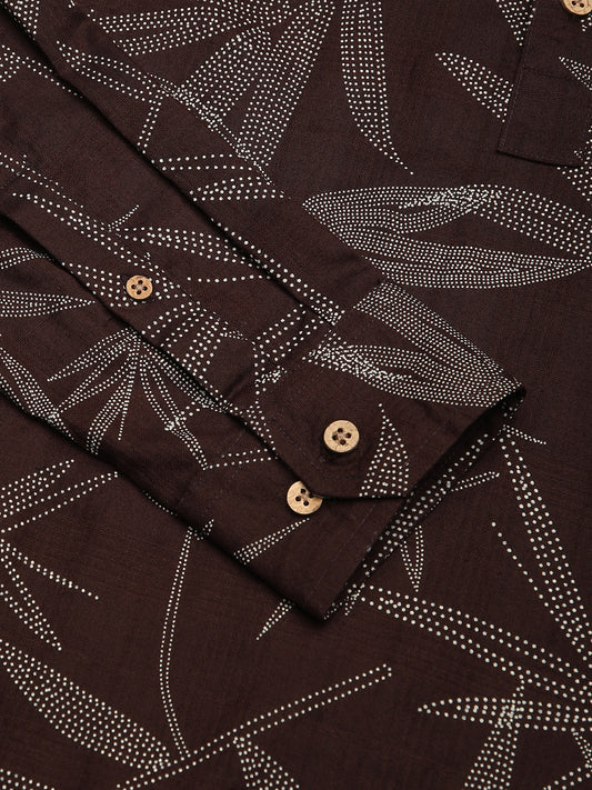 Walnut Brown Dotted Leaf Printed Kurta
