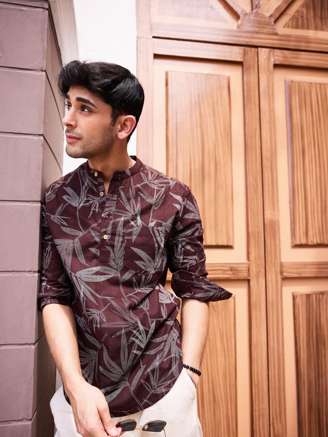 Walnut Brown Dotted Leaf Printed Kurta