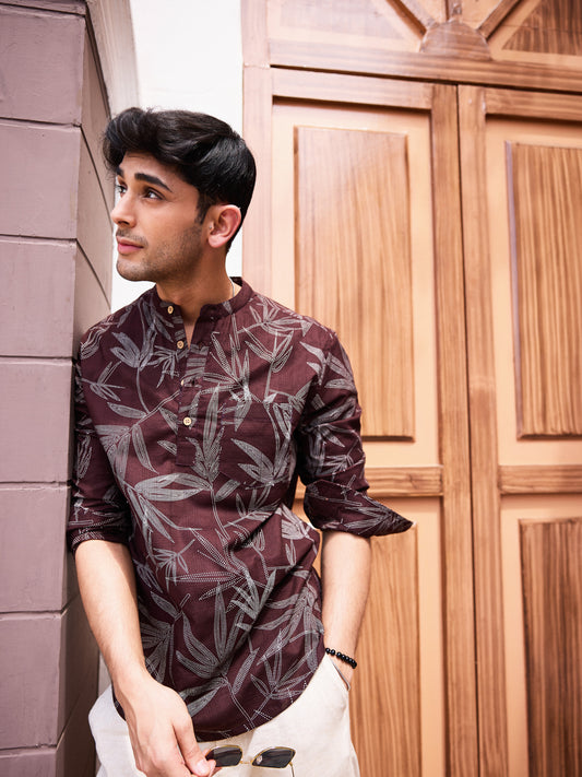 Walnut Brown Dotted Leaf Printed Kurta