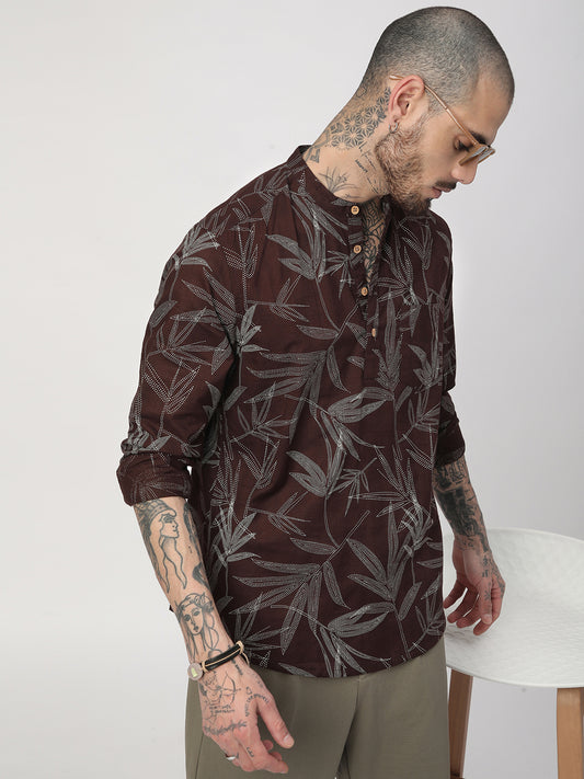 Walnut Brown Dotted Leaf Printed Kurta