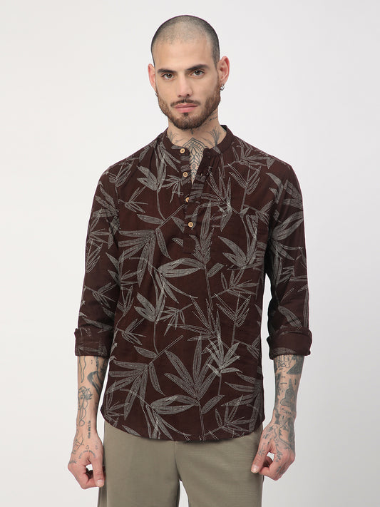 Walnut Brown Dotted Leaf Printed Kurta