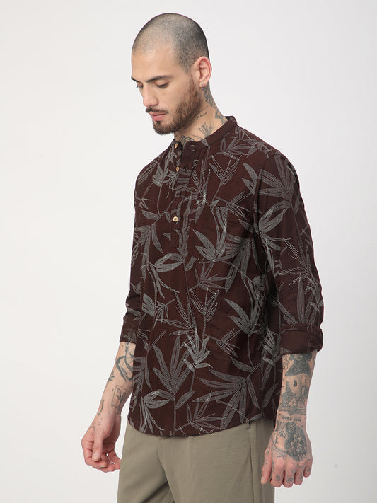 Walnut Brown Dotted Leaf Printed Kurta