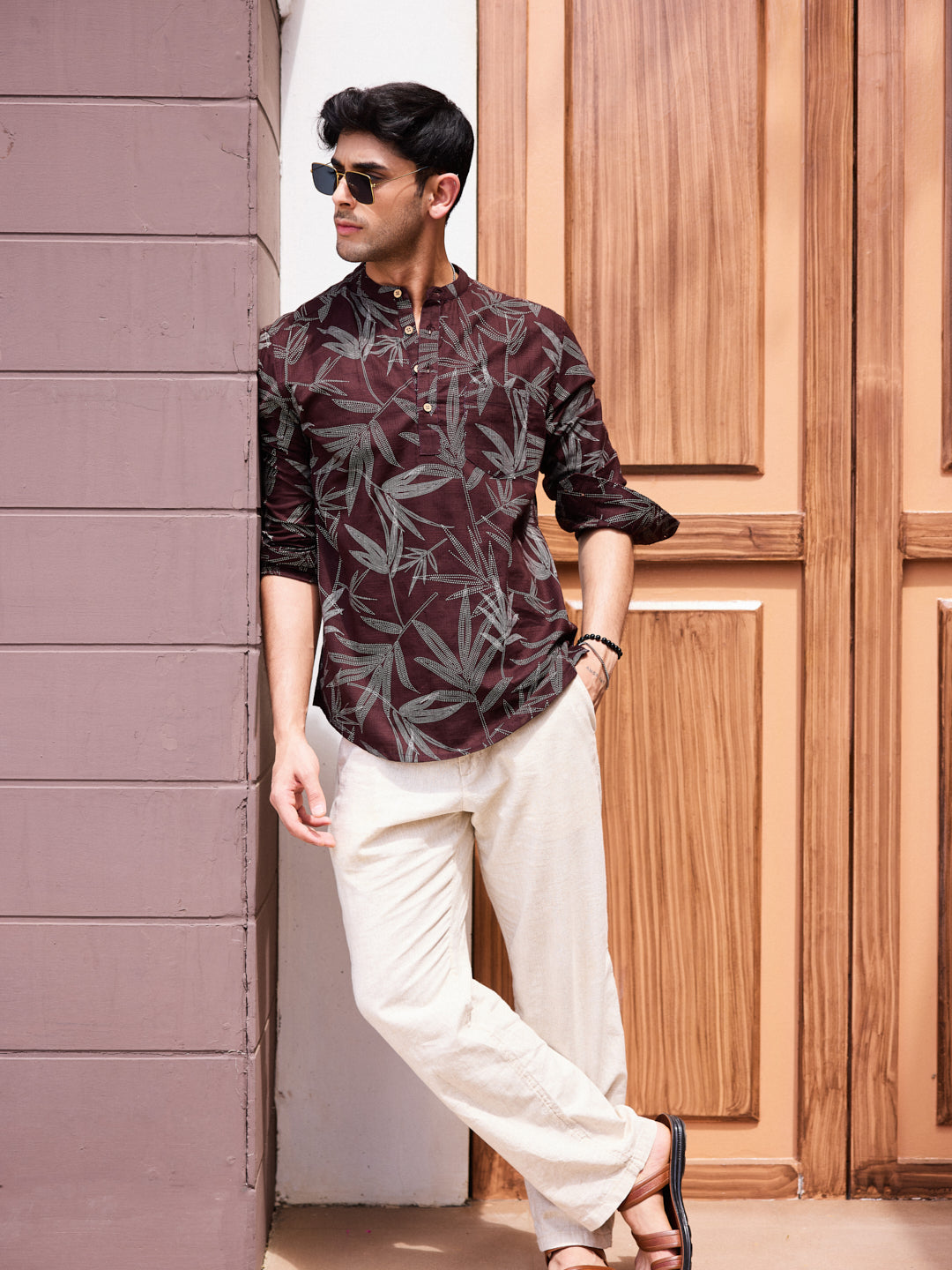 Walnut Brown Dotted Leaf Printed Kurta