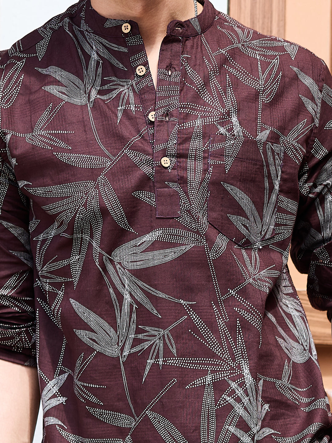 Walnut Brown Dotted Leaf Printed Kurta