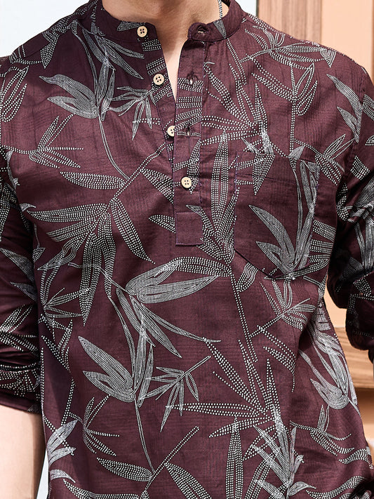 Walnut Brown Dotted Leaf Printed Kurta