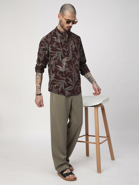 Walnut Brown Dotted Leaf Printed Kurta