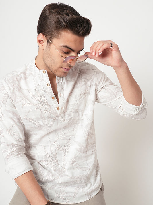 Stippling Artistry Ivory Leaf Printed Kurta