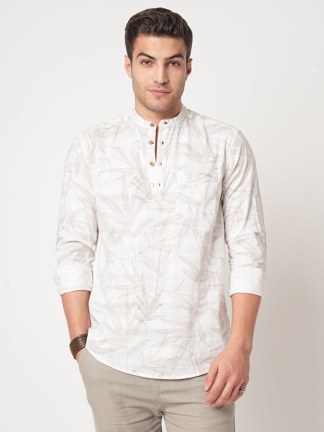 Stippling Artistry Ivory Leaf Printed Kurta