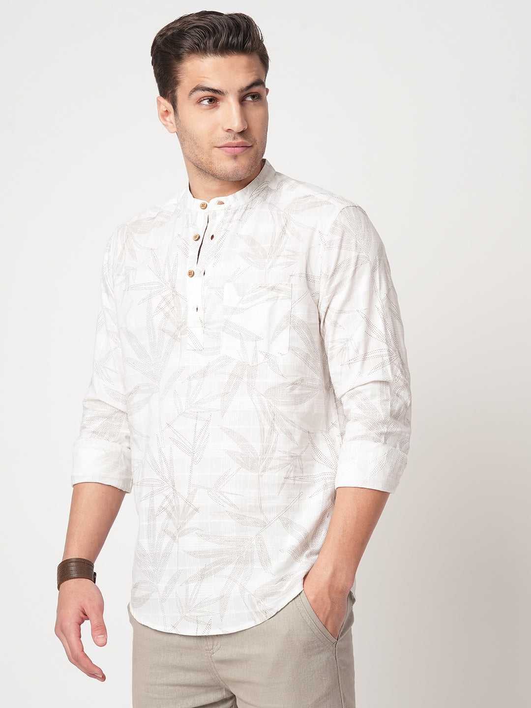 Stippling Artistry Ivory Leaf Printed Kurta