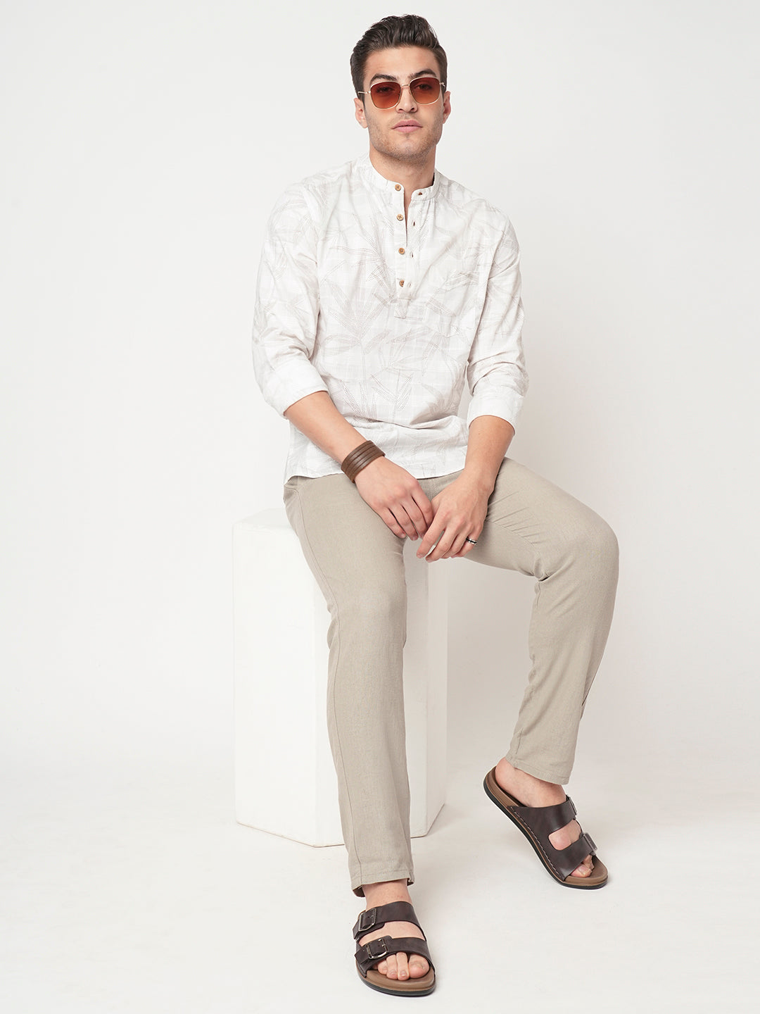 Stippling Artistry Ivory Leaf Printed Kurta