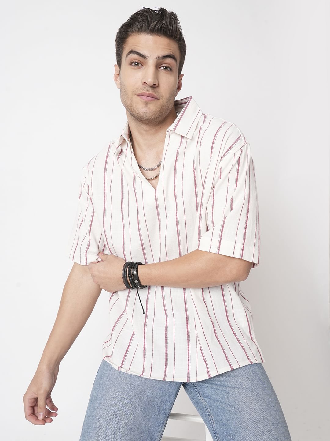 Berry Red & Off-White Striped Oversized Polo Shirt