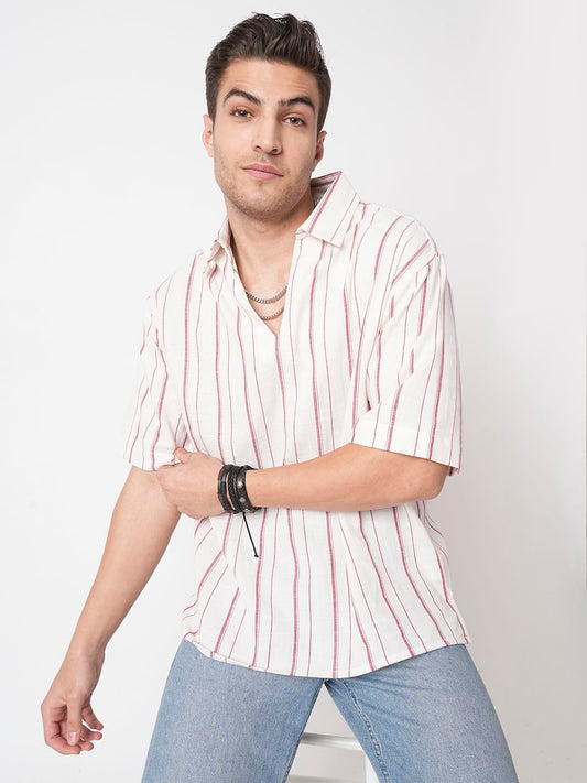 Berry Red & Off-White Striped Oversized Polo Shirt