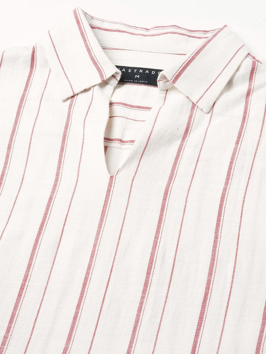 Berry Red & Off-White Striped Oversized Polo Shirt