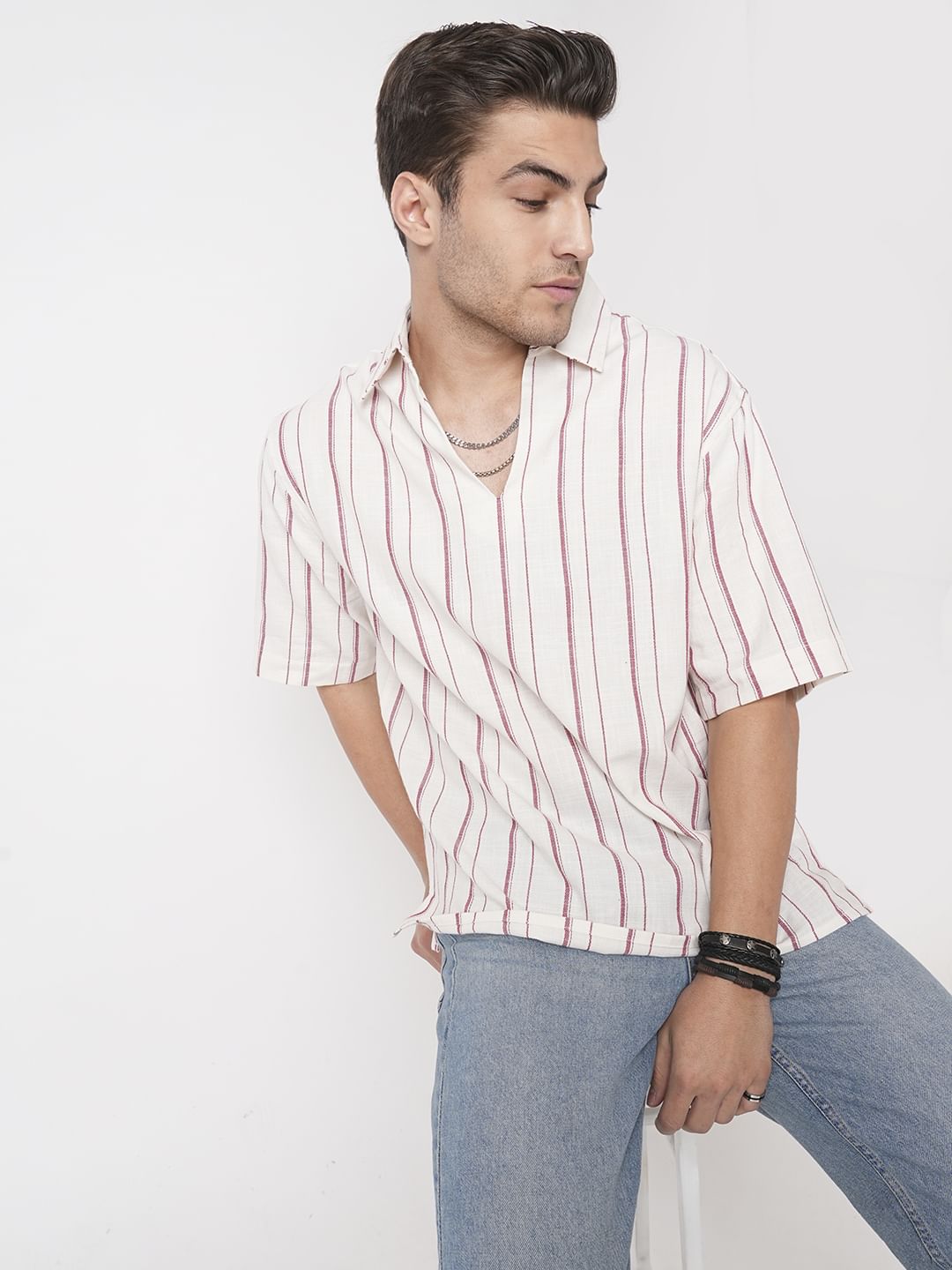 Berry Red & Off-White Striped Oversized Polo Shirt