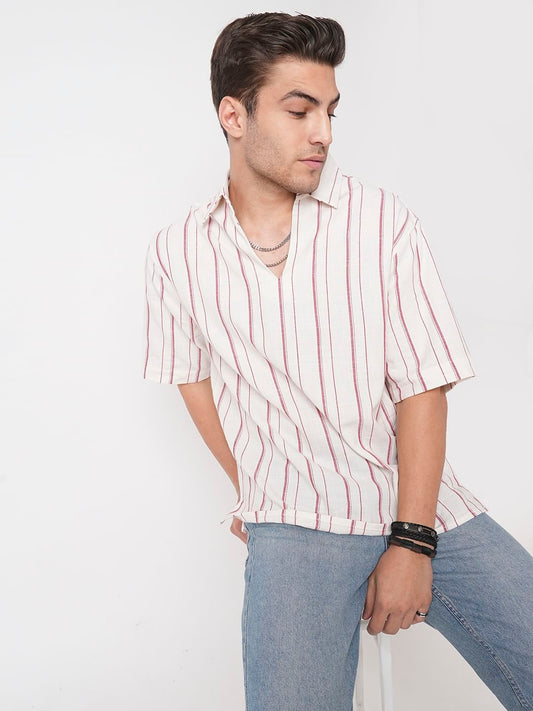 Berry Red & Off-White Striped Oversized Polo Shirt