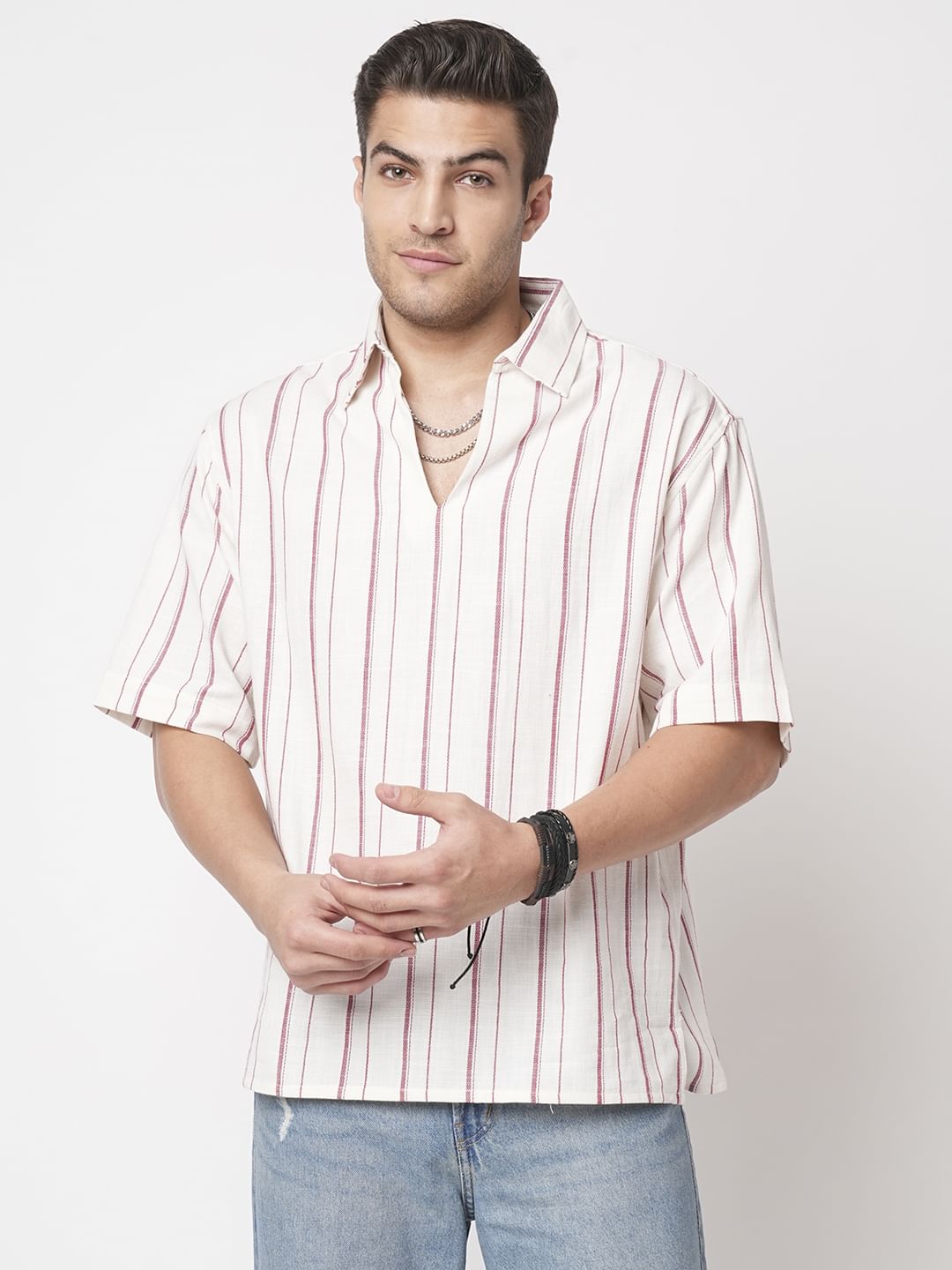 Berry Red & Off-White Striped Oversized Polo Shirt