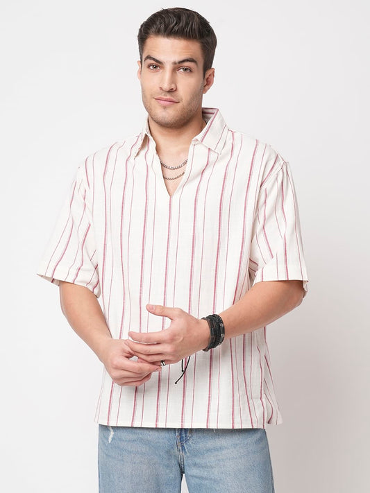 Berry Red & Off-White Striped Oversized Polo Shirt