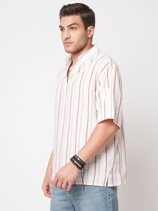 Berry Red & Off-White Striped Oversized Polo Shirt