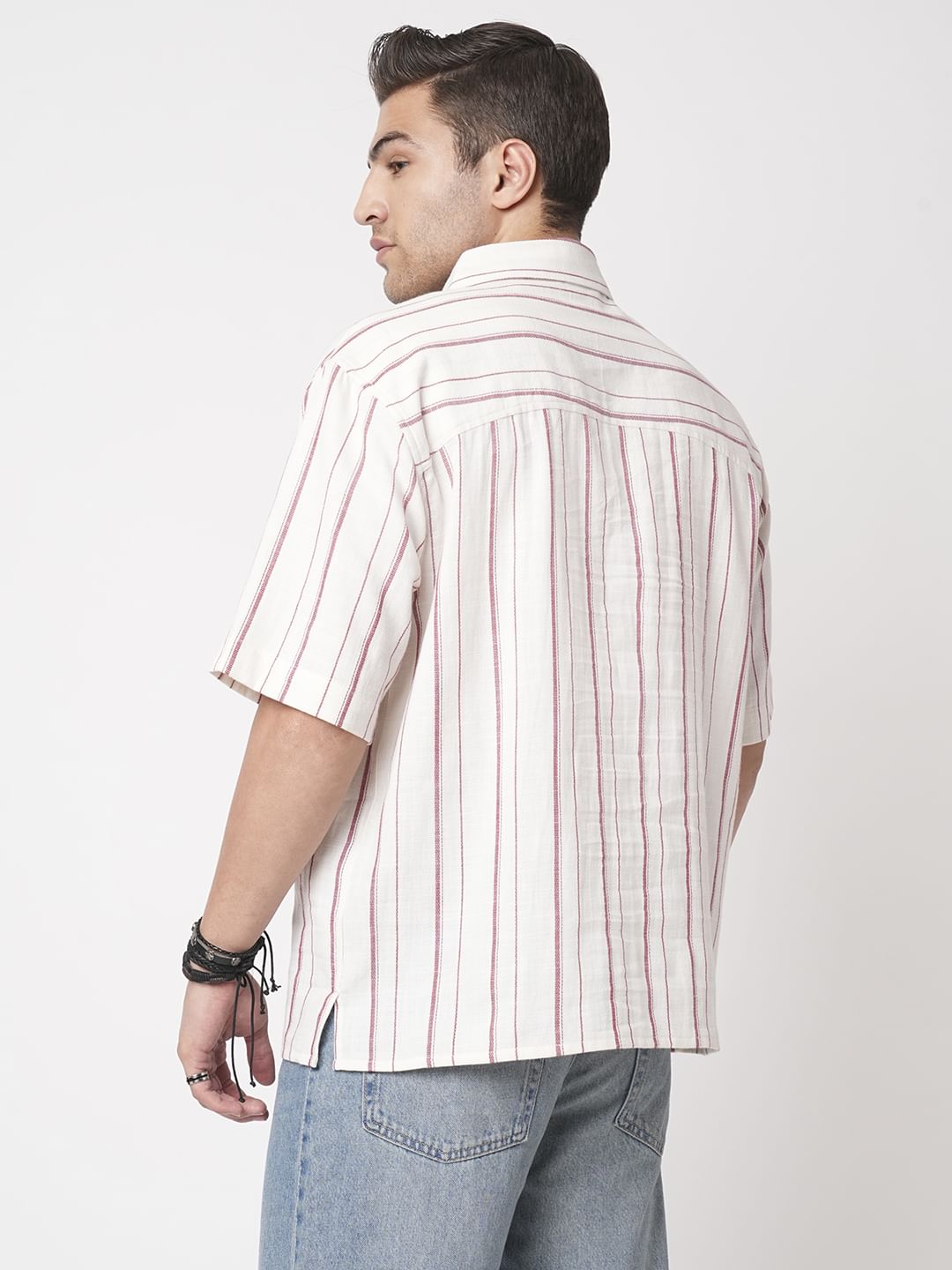 Berry Red & Off-White Striped Oversized Polo Shirt