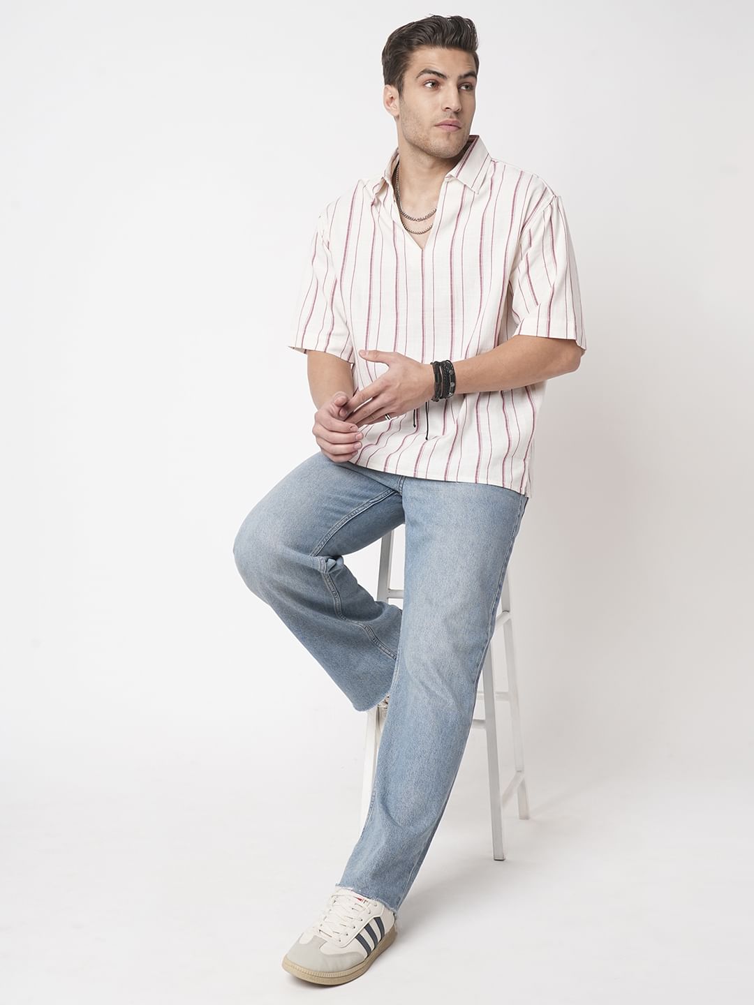 Berry Red & Off-White Striped Oversized Polo Shirt