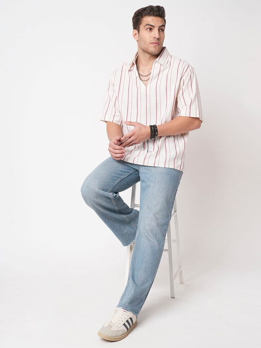 Berry Red & Off-White Striped Oversized Polo Shirt