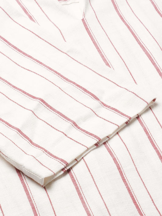 Berry Red & Off-White Striped Oversized Polo Shirt