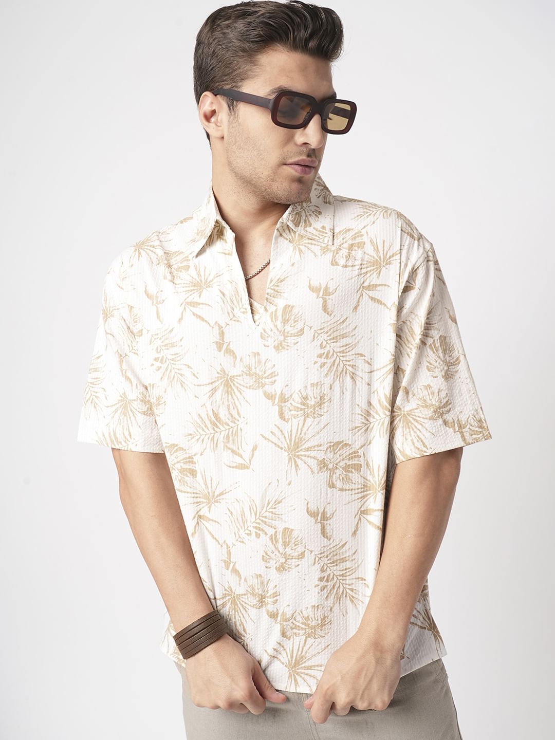 Tan Beige Leaf Printed Seersucker Oversized Polo Shirt