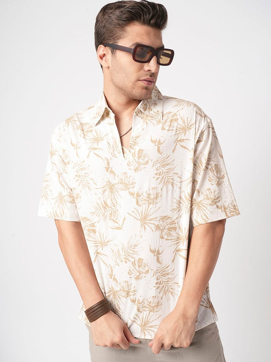 Tan Beige Leaf Printed Seersucker Oversized Polo Shirt